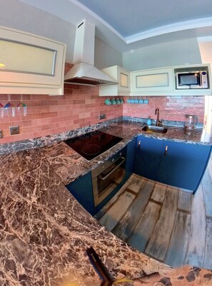 Apartment | Private kitchen | Fridge, microwave, oven, stovetop - Deluxe Beach Apartment- Sleeps 2 & Private Terrace (Rhodes)