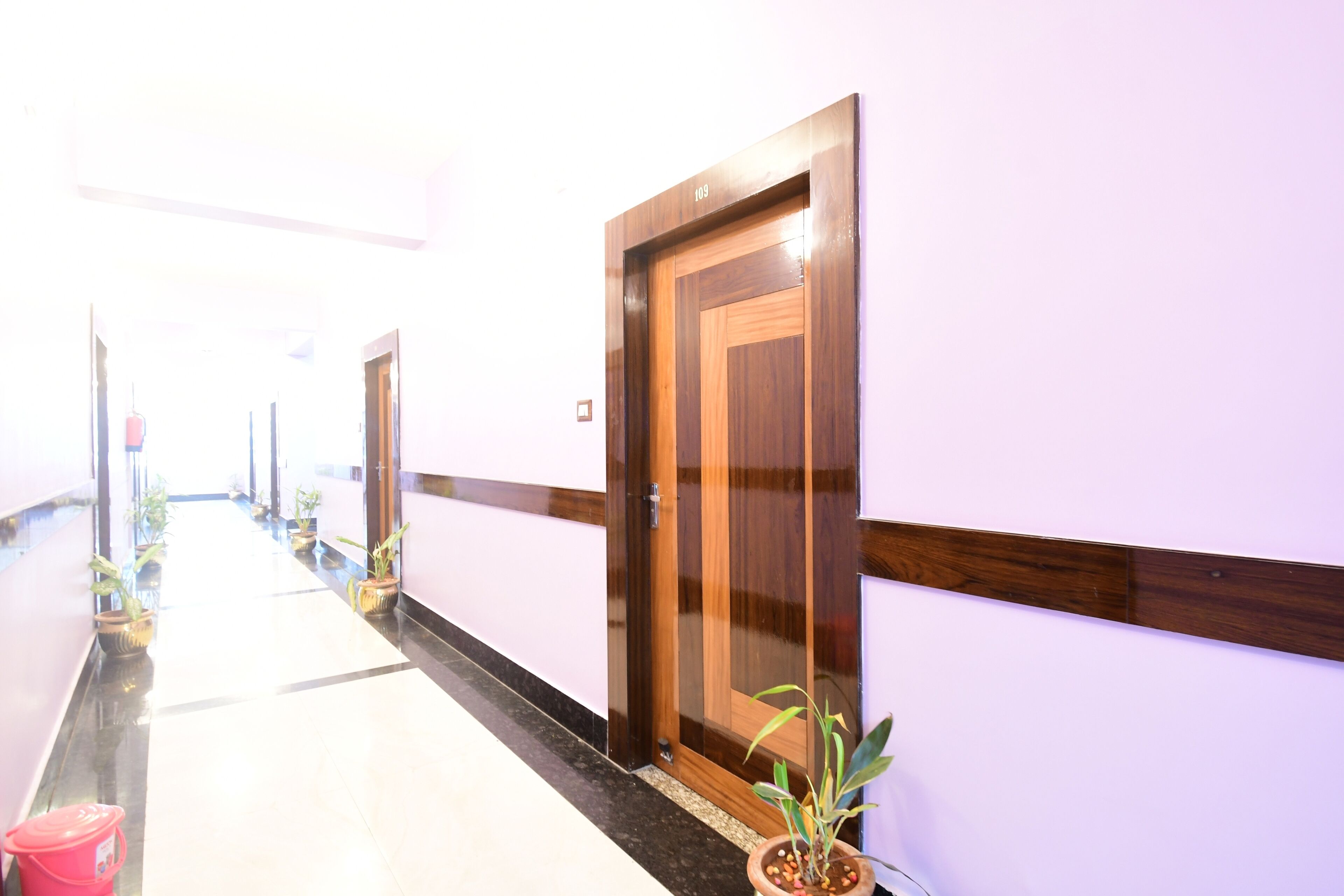 Un pasillo con una puerta de madera con el número 109, plantas en macetas y un cubo rojo.