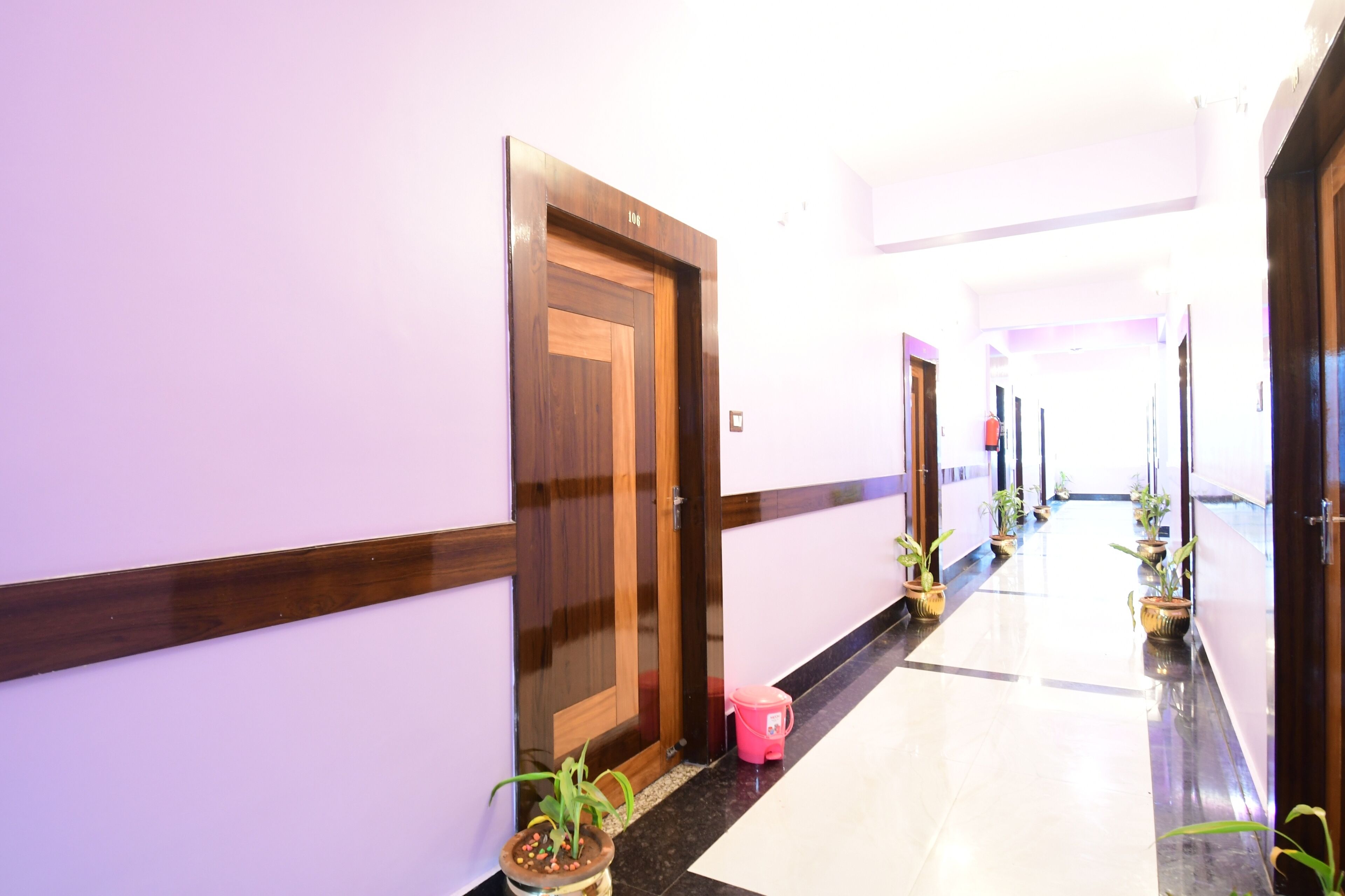 A hallway with wooden doors, potted plants, and a tiled floor.