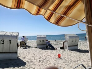 Strandstoelen genummerd 31, 59 en 97, met een rode emmer in het zand.