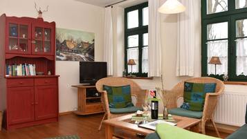 Tv, eldstad och en stereo