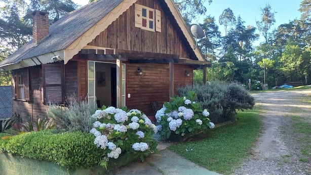 Una cabaña rústica de madera con chimenea, una puerta y un pequeño porche.
