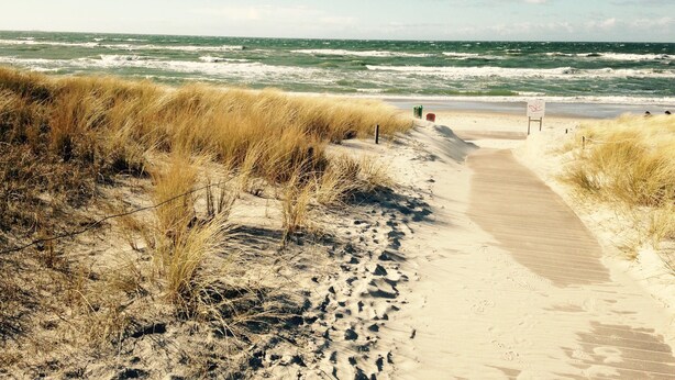 A sandy beach path leading to the ocean, with dunes and a signboard in the distance.