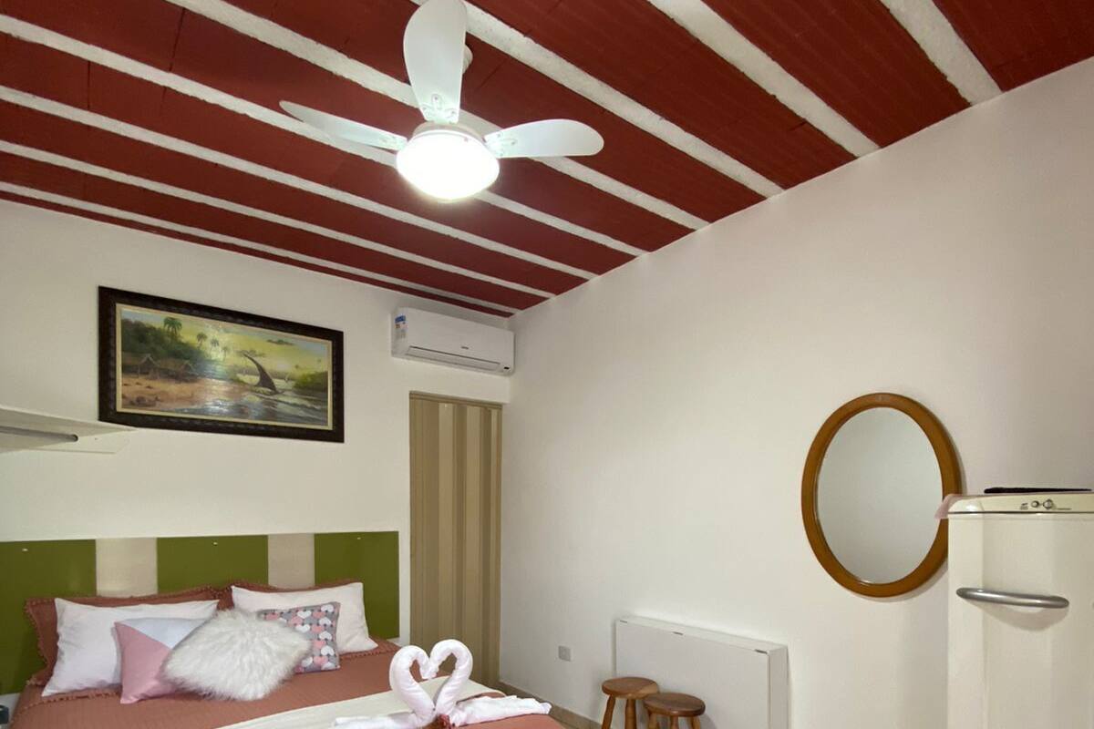 Un dormitorio con cama, ventilador de techo, un cuadro en la pared, unidad de aire acondicionado, espejo y radiador.