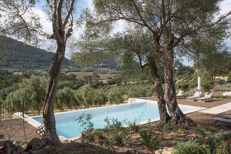 Outdoor pool, open 8:00 AM to midnight, pool umbrellas, sun loungers