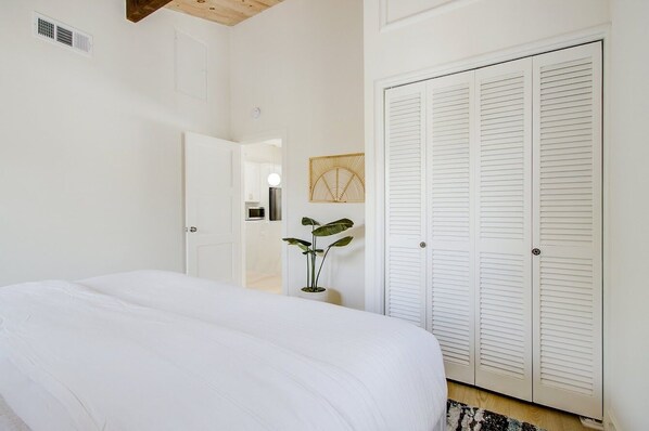 Un dormitorio con cama, una planta en maceta, un armario y una puerta que da a otra habitación.