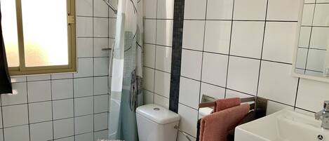 Un baño con inodoro, ducha y lavamanos.