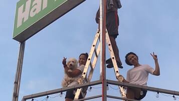 A sign for 'Hai Inn' with two people on a metal structure, one holding a dog.