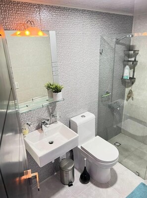 Dusche, Haartrockner, Handtücher, Seife