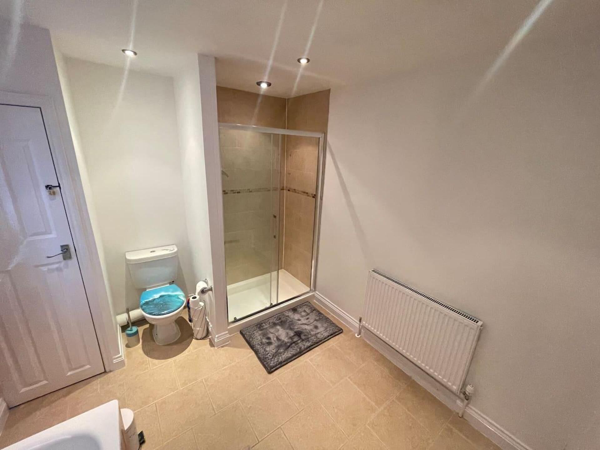 A bathroom with a toilet, shower, and radiator.