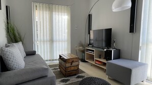 Una sala de estar moderna con un sofá gris, una mesa de centro, un televisor y una lámpara.