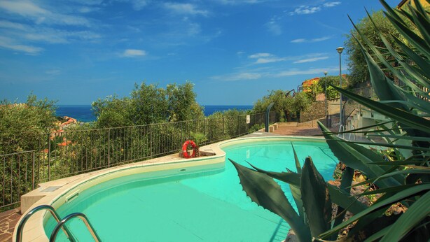 Una piscina amb vista al mar, envoltada de vegetació i una tanca.