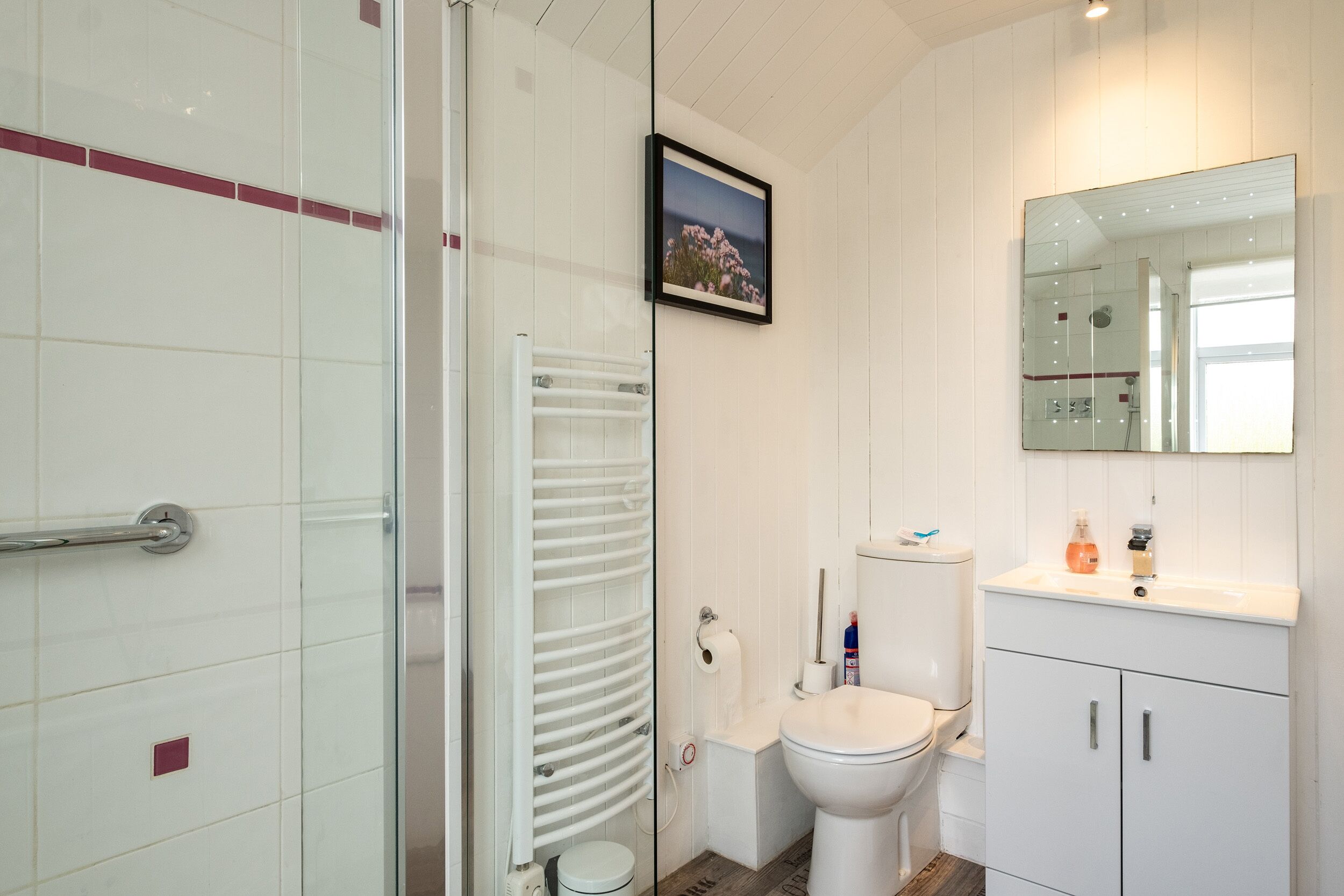 A bathroom with a glass shower enclosure, a toilet, a sink with a mirror, and a framed picture on the wall.
