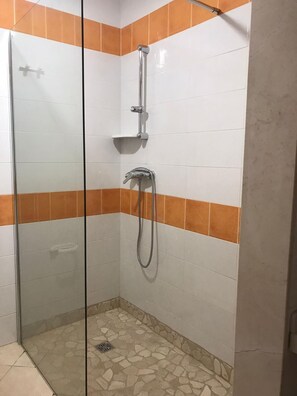 Une cabine de douche fermée par des parois en verre, dotée d’un pommeau de douche à main et d’un robinet fixé au mur.
