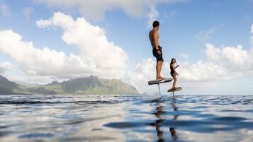 A person standing on a surfboard in the water with mountains in the background.