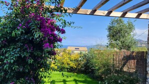 Un jardí amb una pérgola, verdura exuberant i una vista d'un edifici a la distància.