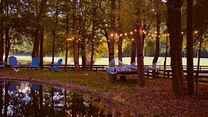 A serene outdoor setting with a pond, trees, and a hammock. - Hidden Haven on 9 acre, pond, barn and more, sleeps 20 (Stanfield)