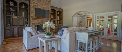 Télévision, cheminée, livres, chaßne hi-fi