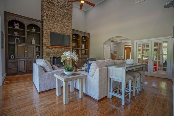 TV, fireplace, books, stereo
