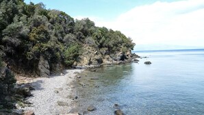 A rocky beach with clear water and dense vegetation on the shore. - Ira Charming apt with stunning view (Almyros)