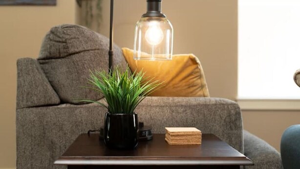 Una sala de estar acogedora con un sofá gris, una mesita con una planta, una lámpara y una pila de libros.