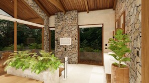 Luxury Villa | Bathroom | Shower, rainfall showerhead, hair dryer, towels
