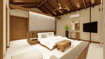 Un dormitorio moderno con techo de madera, una cama grande, televisor y pared de piedra.