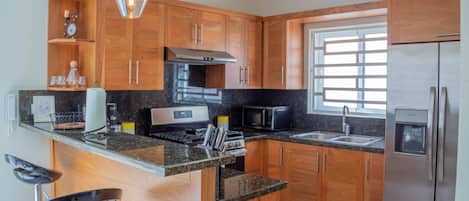 Fridge, microwave, oven, stovetop