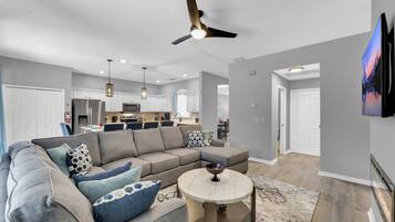 Smart TV, fireplace, video games, music library