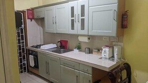 Una cuina amb armaris verdosos clars, una placa de cocció, un rentaplat i una torradora.