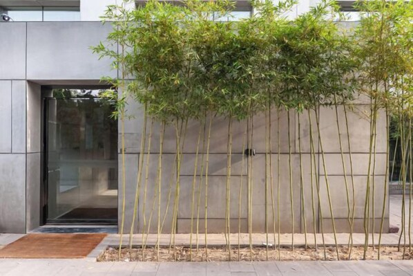 A modern building entrance with a glass door, a concrete wall, and a row of bamboo plants. - Hongkou Silver Hotel (Tianjin)