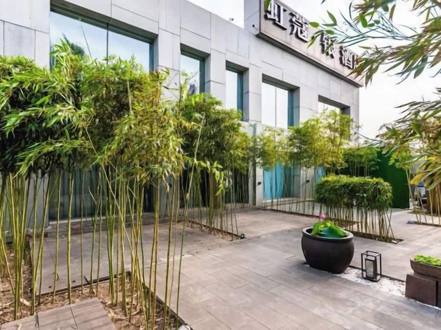 Um edifício com fachada moderna, um pátio pavimentado e diversas plantas.