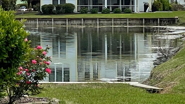 Ein zweistöckiges Haus mit Balkon, einem Teich davor und einem kleinen Garten mit rosa Blumen.