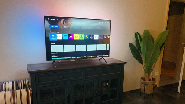 Un televisor sobre un mueble de madera con una planta a su lado.