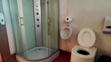 Un baño con ducha acristalada, inodoro y dispensador de toallas de papel.