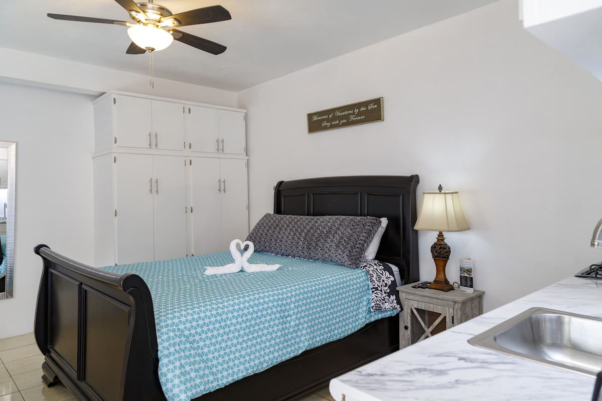 A bedroom with a bed, a ceiling fan, a bedside table with a lamp, a sink, and a wardrobe.