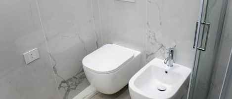 A modern bathroom with a toilet, bidet, and glass shower enclosure.