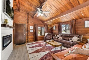 Smart TV, fireplace, books, stereo