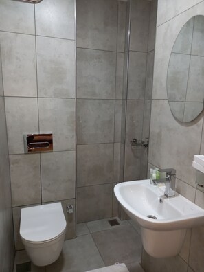 Shower, rainfall showerhead, hair dryer, slippers