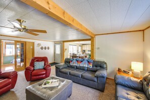 TV, fireplace - Hike, Bike & Boat: Cabin w/ Dock on Seeley Lake! (Seeley Lake)
