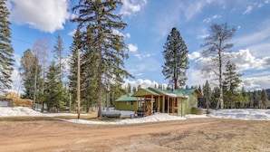 A cabin with a green roof and wooden structure, surrounded by snow and trees. - Hike, Bike & Boat: Cabin w/ Dock on Seeley Lake! (Seeley Lake)