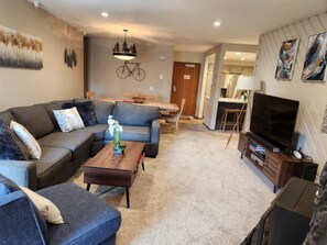 Smart TV, fireplace, DVD player, books