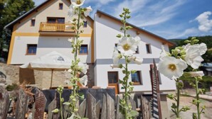 A two-story building with a balcony, a wooden fence, and white flowers in the foreground. - Marika 1 by Interhome (Cerny Dul)