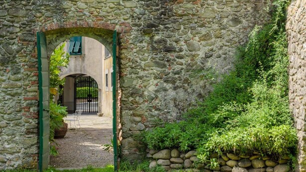 Ein steinerer Bogen führt in einen Innenhof mit einer Palme und einem Glockenturm im Hintergrund.
