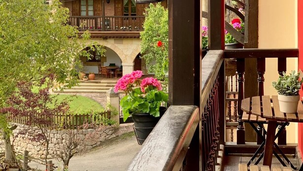 Un balcone con piante in vaso e vista su una montagna.