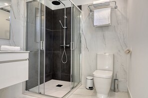 Shower, hair dryer, towels