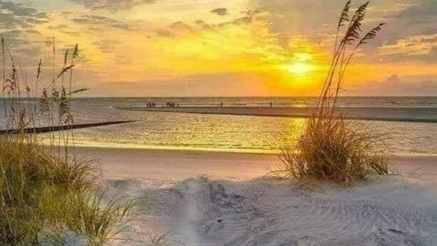 A beach scene with sand dunes, grasses, and a sunset over the ocean. - Beachside w/Heated Pool~2BR/1B! (Gulf Shores)