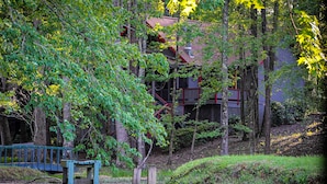 Une cabane avec un quai s’avançant dans un lac paisible, entourée d’une forêt dense et dotée d’une terrasse en bois.