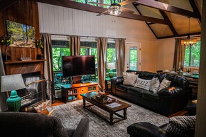 TV, fireplace, DVD player, foosball