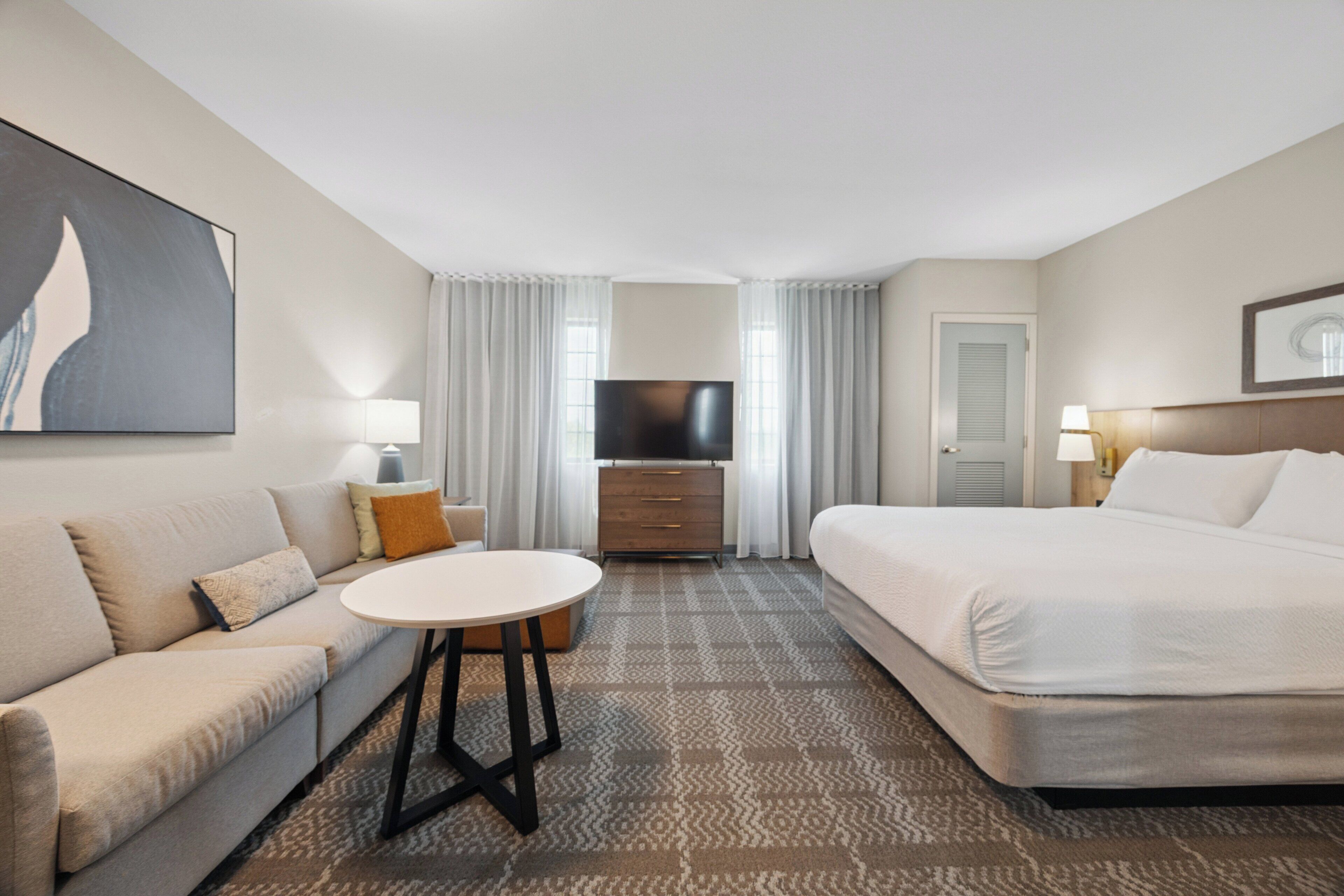 Desk, laptop workspace, blackout drapes, soundproofing